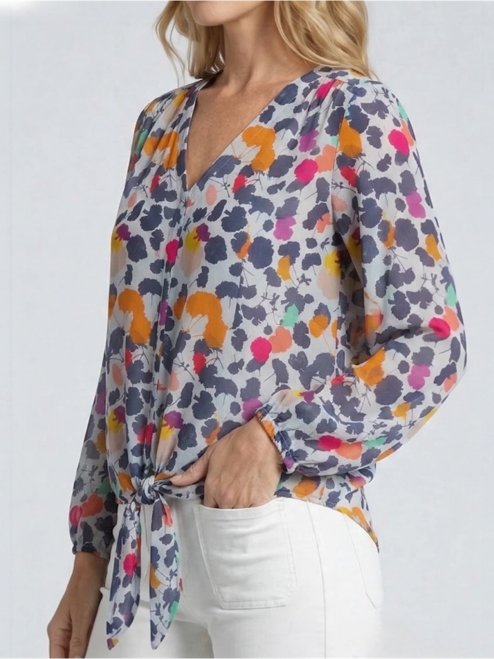 APNY V-Neck Tie Button Front Cupro Viscose Blouse In Abstract Garden Pop Sz S